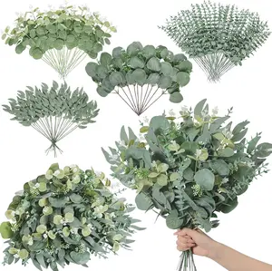 40 Pcs 4 Kinds Artificial Eucalyptus Stems Bulk, Mixed Greenery Faux Leaves and Branches for Vase, Centerpieces and Floral Arrangements, Fake Silk Green Dollar Leaf Plants for Wedding Decorations, Home Decor and Bouquet Filler