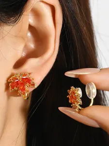Elegant Red Leaf Clip-On Earrings – No Piercing, Comfortable Fit, Premium Statement Jewelry for Daily & Party Wear