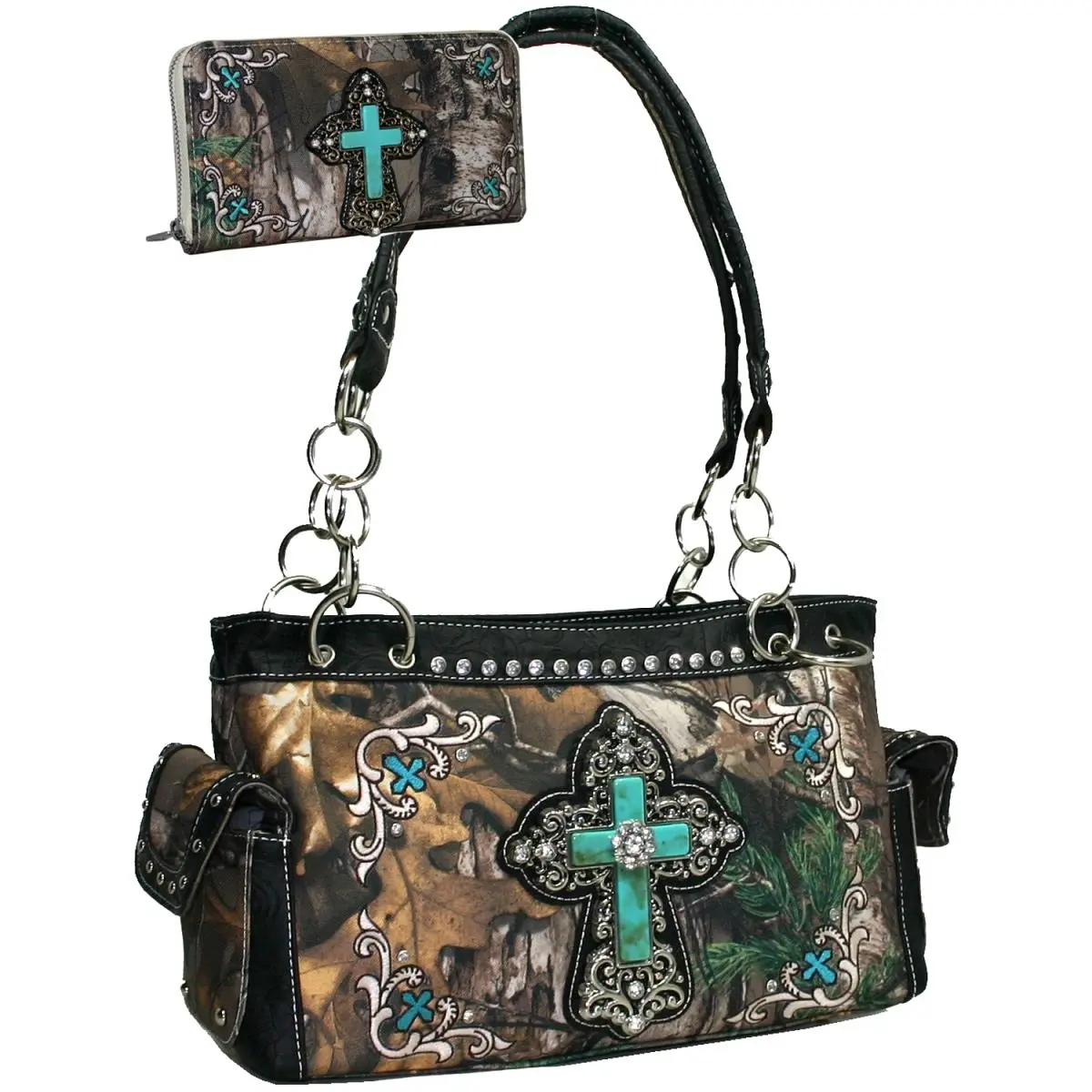 212 MAIN Gold Rush CRL682WC82SET-CAM Faux Leather Cross Purse Wallet Set - Men's Purses, Crossbody Messenger Bag, Western Camouflage Embroidered, Black Trim, Traditional Design, Zipper Closure, Dual Straps, Purses Crossbody Bag