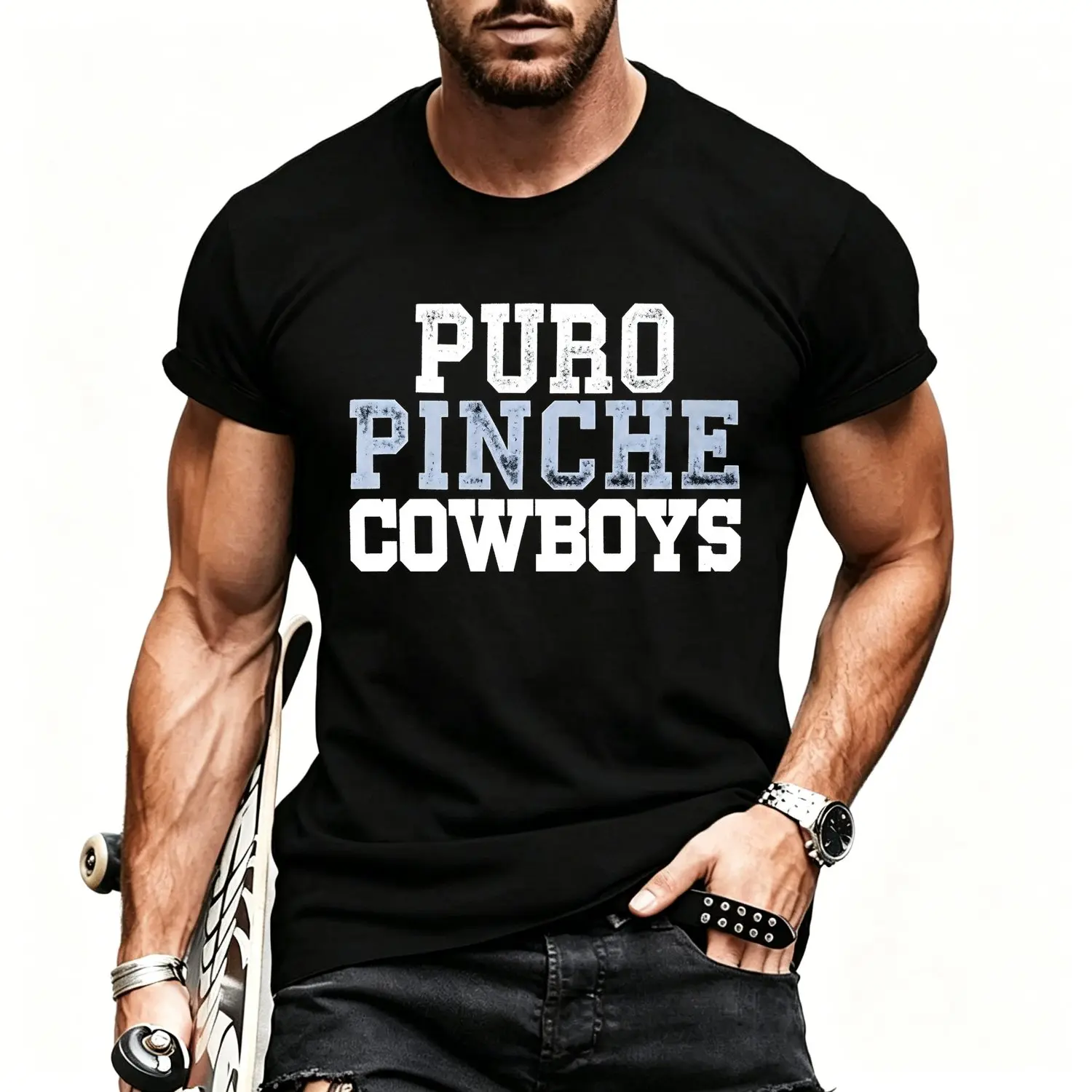 Male Men's Short Sleeve Crew Neck Sports Tee, Casual Wear with Puro Pinche Cowboys Graphic Print, Breathable Fabric Athletic Shirt, Multi-Size Options