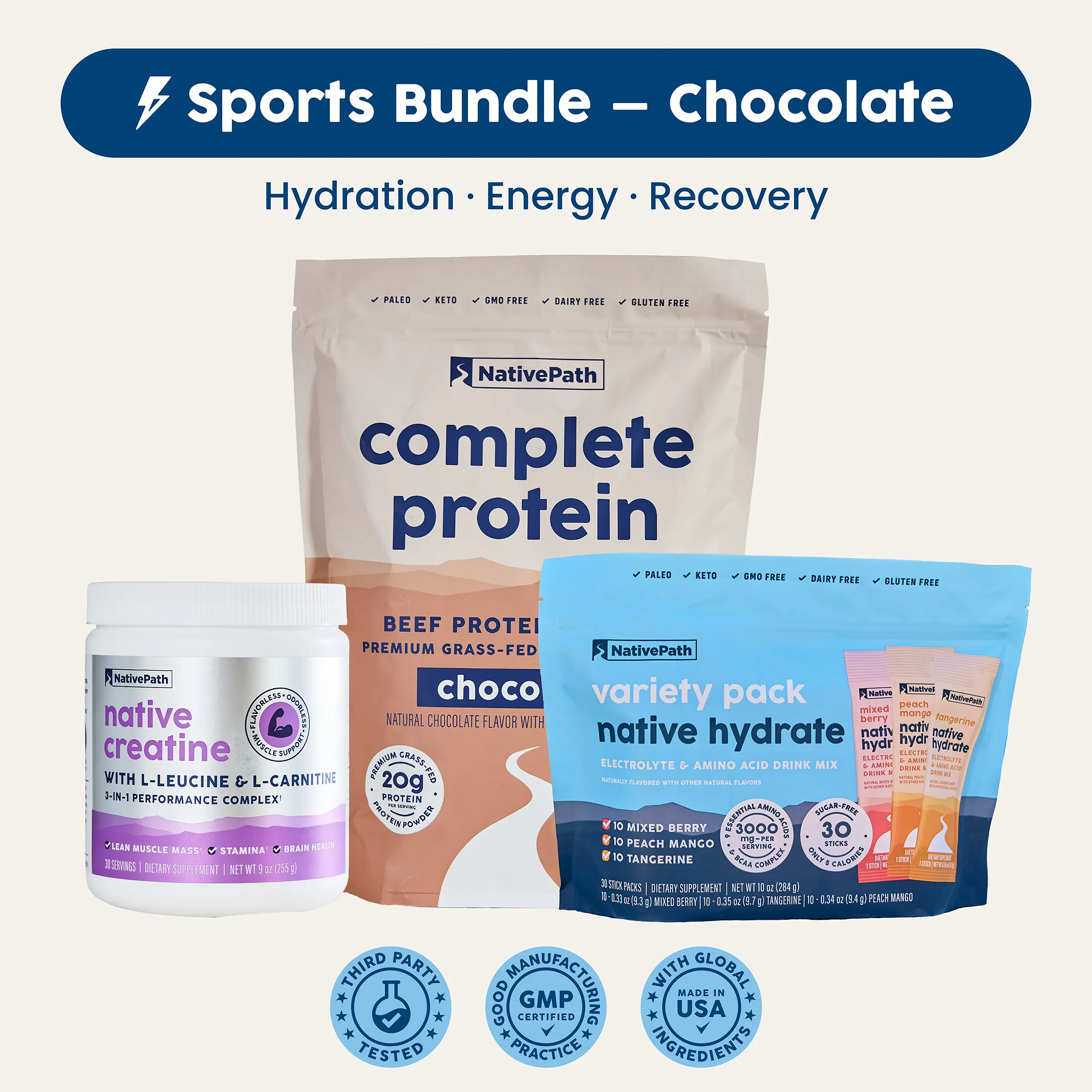 NativePath Ultimate Workout Bundle: Grass-Fed Protein Chocolate + Hydration + Creatine for Muscle Growth & Recovery