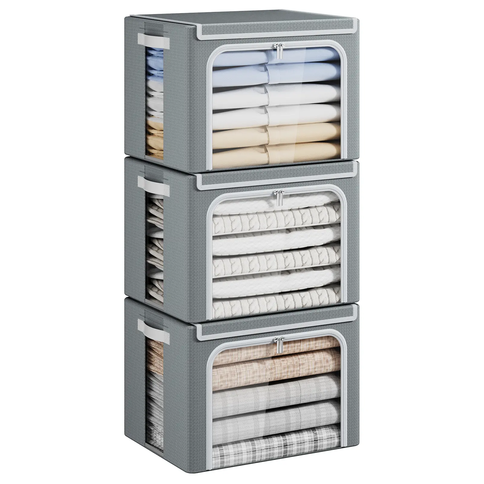 DELAMU 3 Openings Clothes Storage Bins with Metal Frame, Foldable Storage Bin for Clothes, Clothing Storage Bins with Lid, Storage Box With Clear Window＆ Zippers＆ Durable Handles