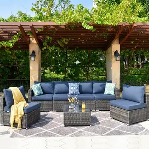 [3 packages delivery] Patio Furniture 7 Pieces Outdoor Sectional PE Rattan Sofa Set Brown Manual Wicker Patio Conversation Set with 6 Seat Cushions and 1 Tempered Glass Tea Table