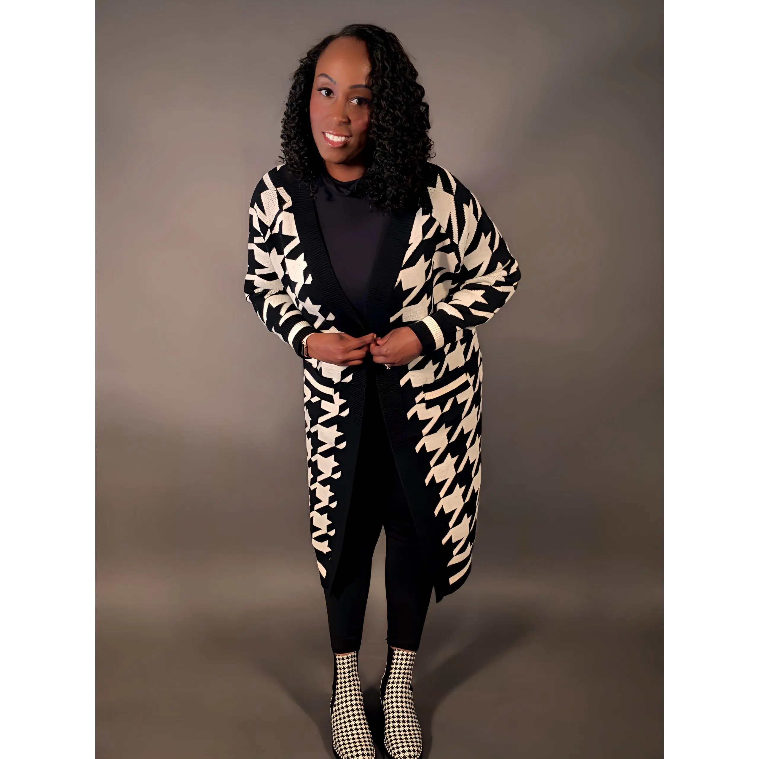 Houndstooth Long Cardigan Sweater
