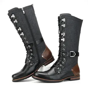 Men's Black Knee High Combat Boots with Lace-Up Closure Studded Toe Multiple Buckles Side Zip Punk Military Style for Edgy Casual Wear