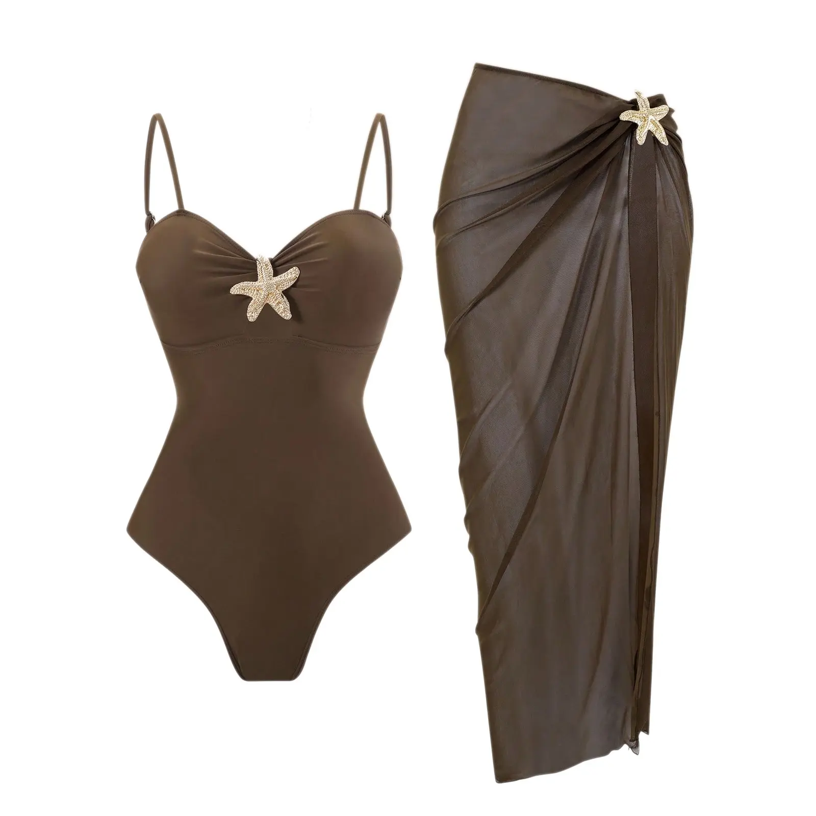 2026 New Brown Rhinestone Starfish One-Piece Swimsuit with High Slit Mesh Cover-Up Skirt, Adjustable Straps Bathing Suit for Women Beach Vacation
