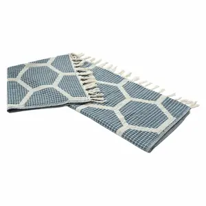 HomeRoots 516496 Blue & Off White Woven Cotton Geometric Throw Blanket
