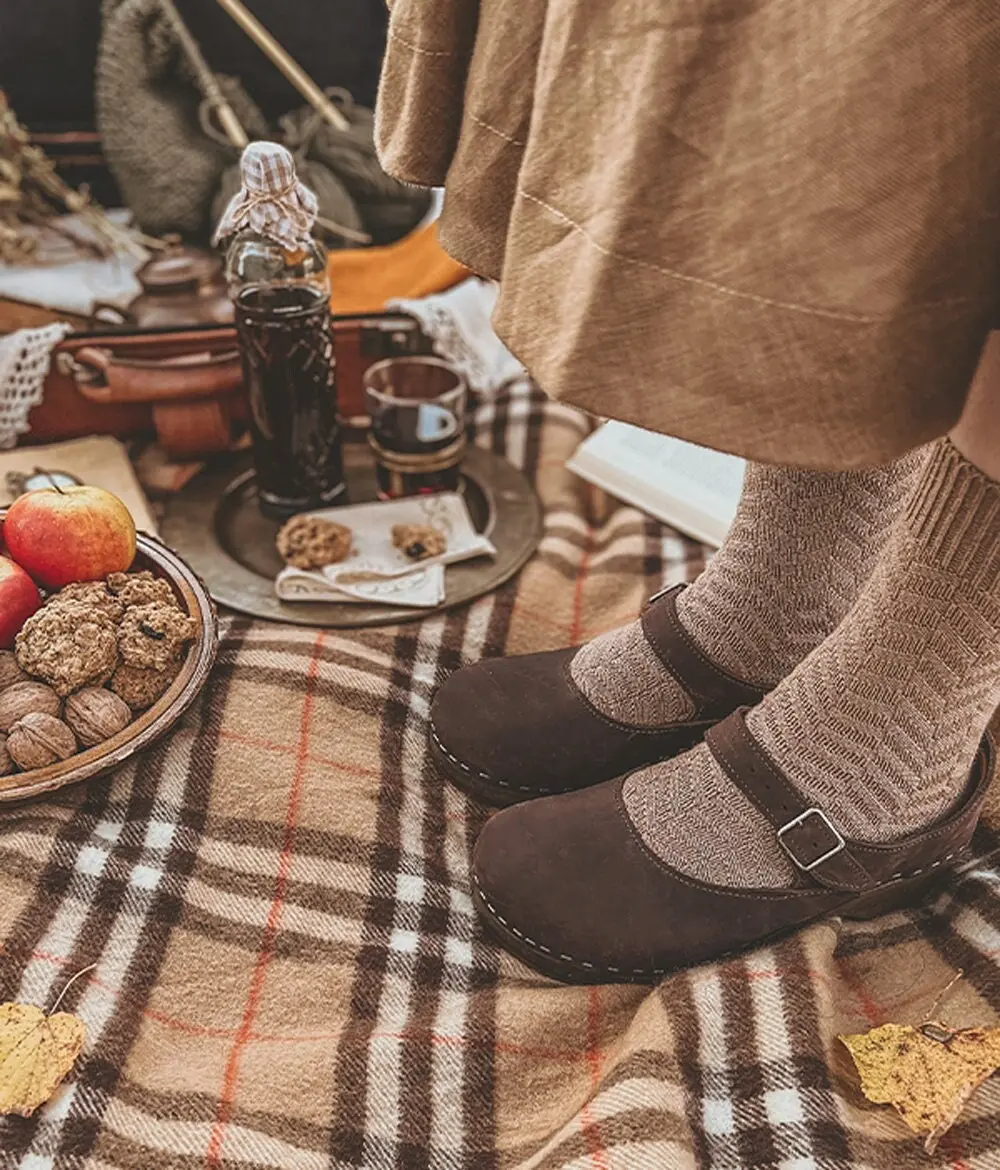 Swedish Wooden Clogs for Women / Mary Jane Closed Back / Women Low Heel Shoes / Nubuck Leather Clog / Fudge
