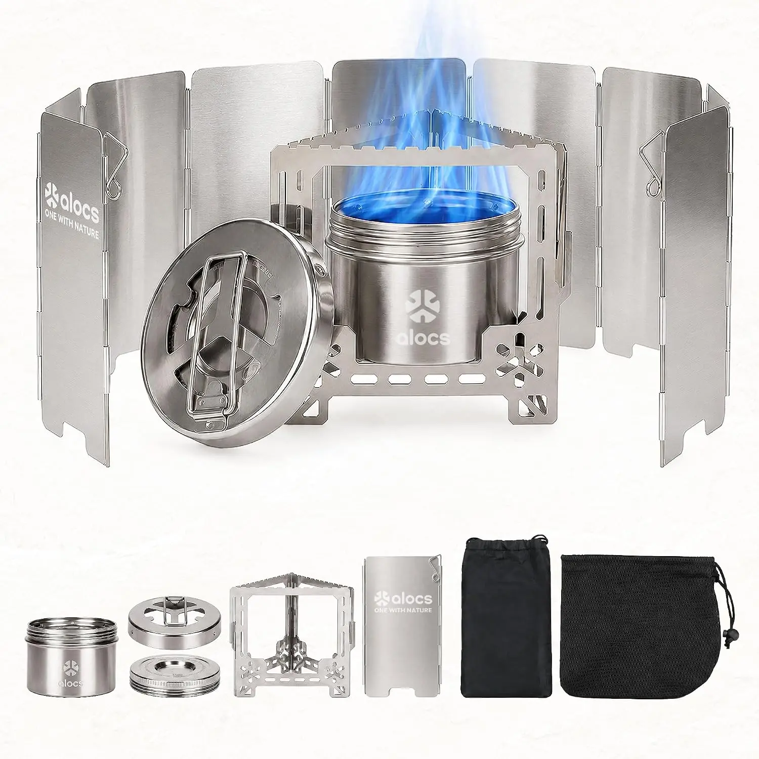 ALOCS 2250W Alcohol Stove Set with Foldable Windscreen & Stand | Stainless Steel, 2-Level Flame, Backpacking Solo Stove for Outdoor, Hiking, Survival, Picnic,Home Emergency