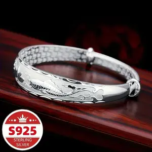 S925 Pure Silver Chinese Style Double Fish Lotus Bracelet, Elegant Gift for Friends