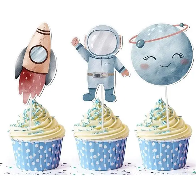 Space Adventure Cupcake Toppers - Set of 10 - Rocket, Astronaut, & Planet Designs for Cosmic Celebrations