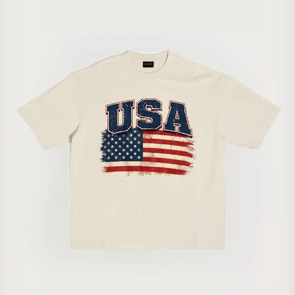 Men's Vintage USA Flag Cotton T-Shirt - Unisex Oversize Relaxed Fit Light Stretch Breathable Round Neck Short Sleeve Streetwear Top for 4th of July Casual Everyday Wear