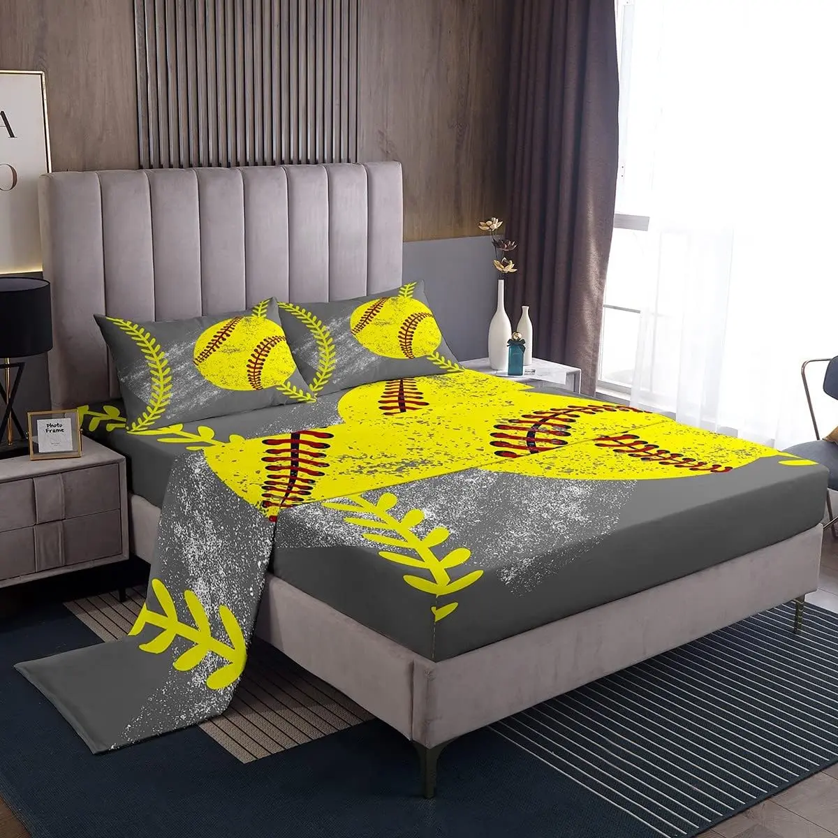 Feelyou Soft Breathable Softball Sheet Set - Grunge Yellow Grey Sports Bedding Set, Fitted Sheet for Kids Teens, Ideal Ball Game Gift, Soft Breathable Sheet
