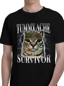 Unisex Funny Cat Print T-Shirt, Casual Humor Tee, Military Cat Design, Z-Gen Style, Daily Wear, Home Relax, Tiktok Trendy
