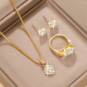 Elegant Women's Fashion Square Jewelry Set - Minimalist Golden Sparkling Glass Inlay pendant Exquisite Shiny Ear Studs Blingbling Square Pendant Luxurious Necklace Geometry Glass Inlay Ring Valentine's Day, Anniversary Holiday Jewelry Gift Set