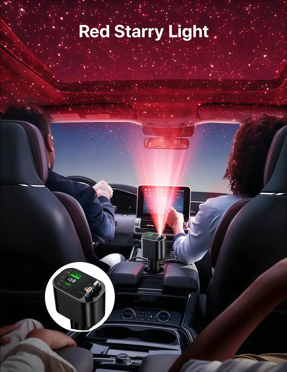 One charger, everyone happy! Built‑in original‑grade Lightning & Type‑C cables, adjustable retractable length, plus starry ambient light – makes a perfect gift for any car owner