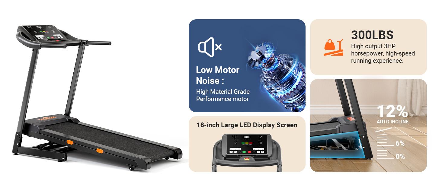 0-12% Incline Treadmill for Running and Walking, 300 lbs Capacity Treadmill with Auto Incline, Wide Belt, 3.0HP, 18" LED Screen, 2 Layers Shock-Absorbing Red