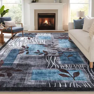 GARVEE Washable Rug 8x10 Area Rugs for Living Room Geometric Carpet Floral Rug Stain Resistant Rug Non-Slip Ultra-Soft Room Decor Plaid Rug for Dining Room Guest Room Office Farmhouse 8x10 Blue