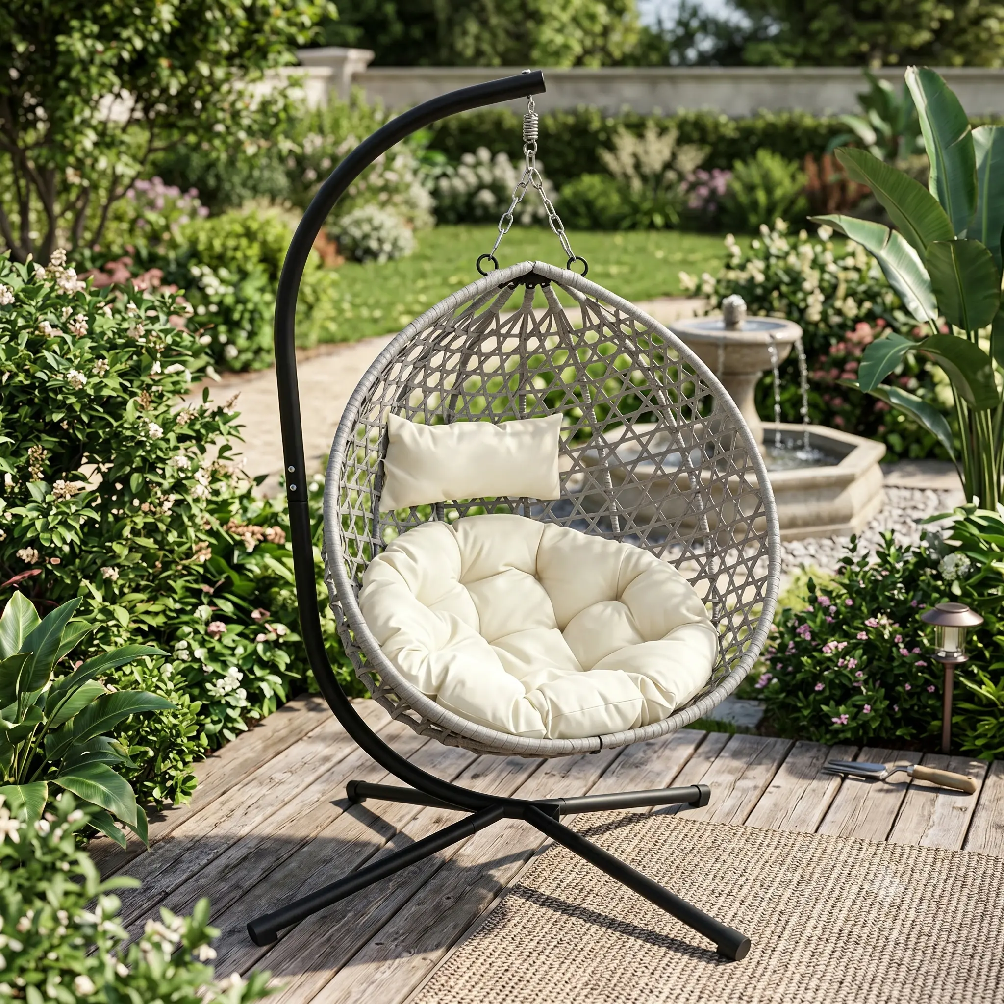 Foldable Hanging Egg Swing Chair with Stand - HDPE Rattan Wicker, Cushioned with Cotton-Polyester Fabric, Adjustable Heavy-Duty Frame, 350 Lbs Capacity, Decorative for Outdoor Patio & Indoor Bedroom, Beige-Gray, Comfortable, Corrosion Resistant