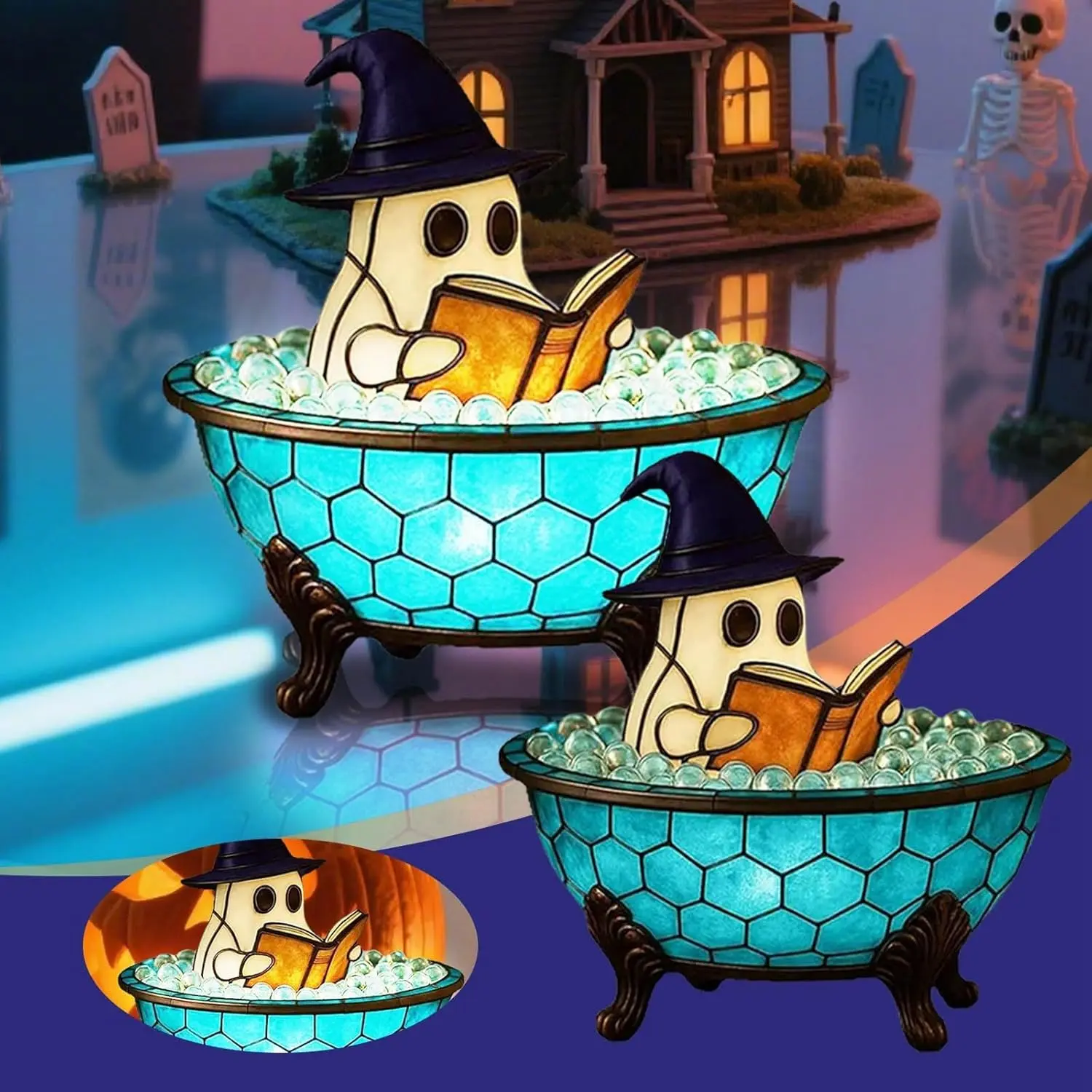 Halloween Ghost Bubble Resin Figurine, Cute Bathroom LED Mood Light Decor, Halloween Party Gift, Ghost Theme Ornament for Home Decoration