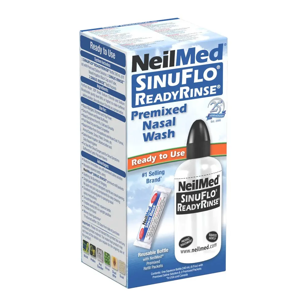 NeilMed SinuFlo ReadyRinse Premixed Saline Nasal Wash - Easy-Squeeze Bottle System for Nasal Allergy Relief, Sinus Comfort & Daily Nasal Hygiene, All Ages