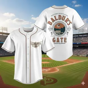 Baldur’s Gate Baseball Jersey – Fantasy RPG Button-Up Shirt, Unisex Gamer Streetwear, Vintage Adventure-Inspired Jersey