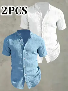 Men's Casual Short Sleeve Button Shirt Top, Plain Non-Elastic Fabric, Slim Fit, Ideal for Beach, Vacation, Sports, Father's Day Gift