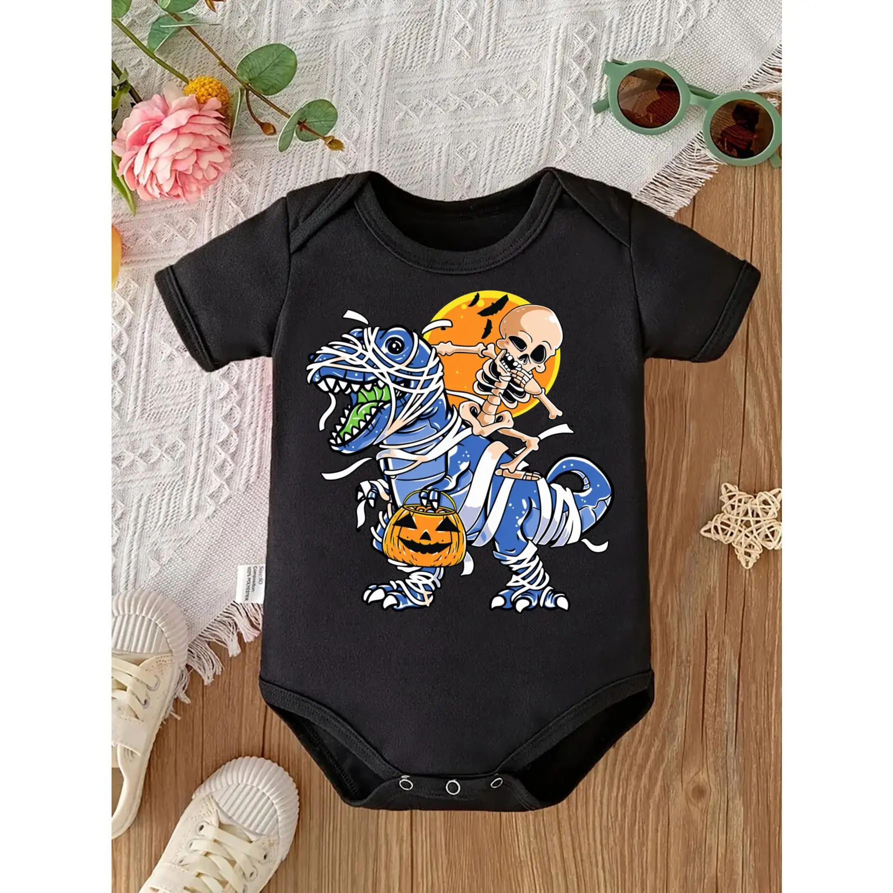 Baby Unisex Halloween Soft Knitted Bodysuit - Short-Sleeved, Round Neck, Button Detail, Regular Fit, Skeleton-Riding Mummy Dinosaur & Pumpkin Print, All-Season Versatile for 0-12 Months, Soft Fabric