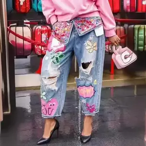 Women's Loose  Heavy Embellished Rhinestone Printed Hole Denim Jeans  ming Pants able Casual Womenswear Bottom High Waist Legging