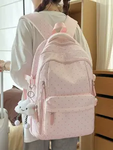 2026 New Polka Dot Print Cute Fashion Korean Multi-Layer Backpack, Large Capacity Student Bag with Pockets, Casual Style, Zipper Backpack