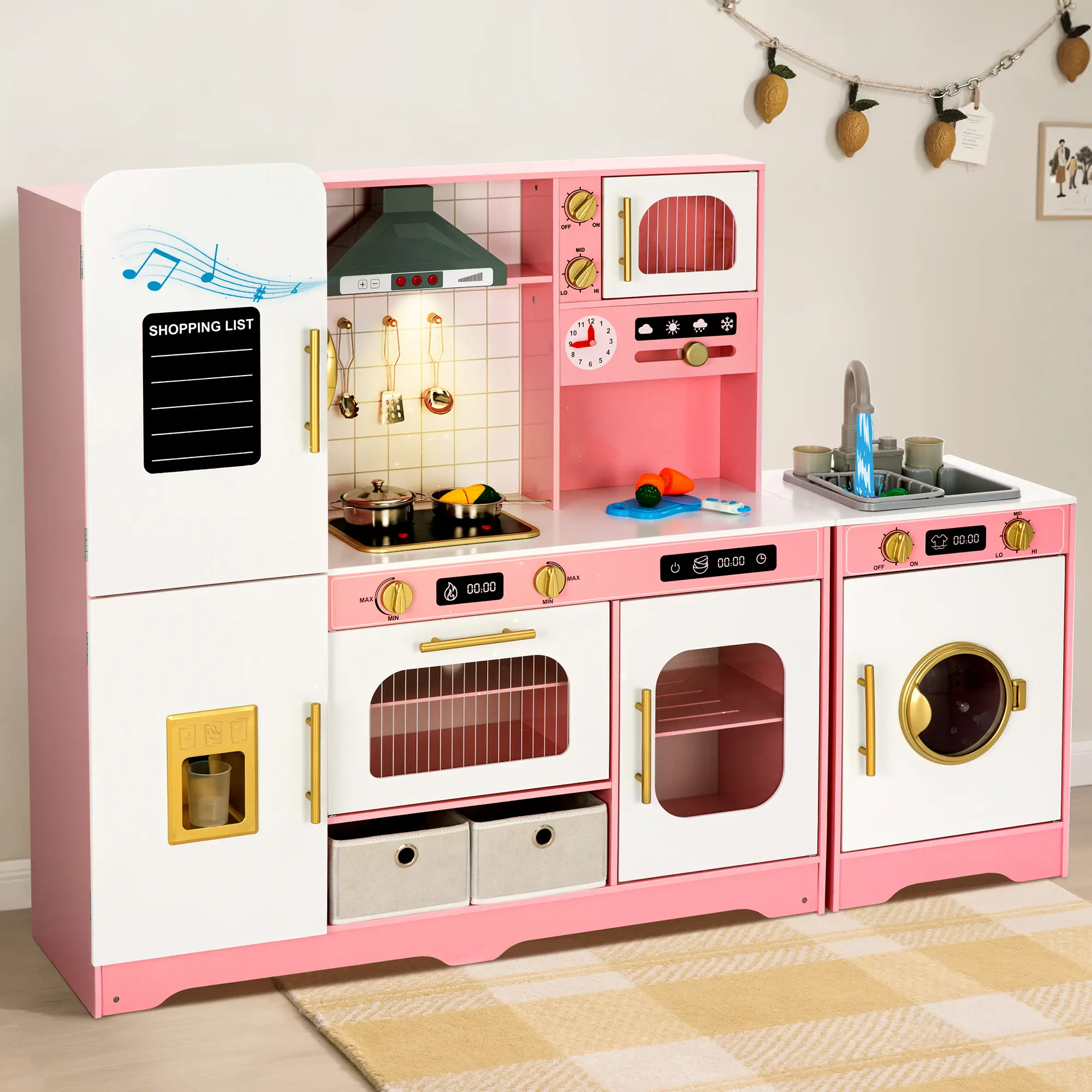 PHIVILLA Kids Wooden Kitchen Playset/Doctors Playset, Oven, Sink & Washing Machine, Pretend Play Cooking Toy with Storage for Toddlers Boys & Girls