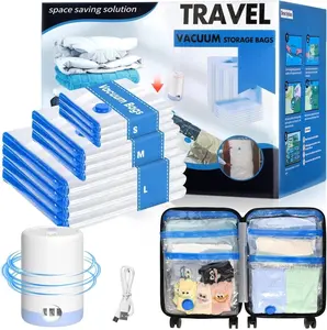 15 Pack Travel Vacuum Storage Bags with USB Electric Pump, Combo Space Saver Vacuum Seal Bags for Clothing Travel Vaccine Sealed Storage Bag for Blankets Clothes Comforters Luggage, Clear