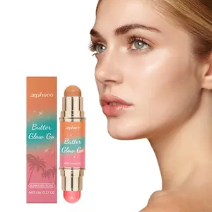 Dual-Ended Cream Contour and Blush Stick, 2-in-1 Matte Contour & Peach Blush Stick for Cheeks, Long-Lasting Face Sculpting Makeup Stick, Smooth Blendable Cream-to-Powder Formula, Portable Travel Size, Brown & Peach Radiant Glow Highlighter Palette