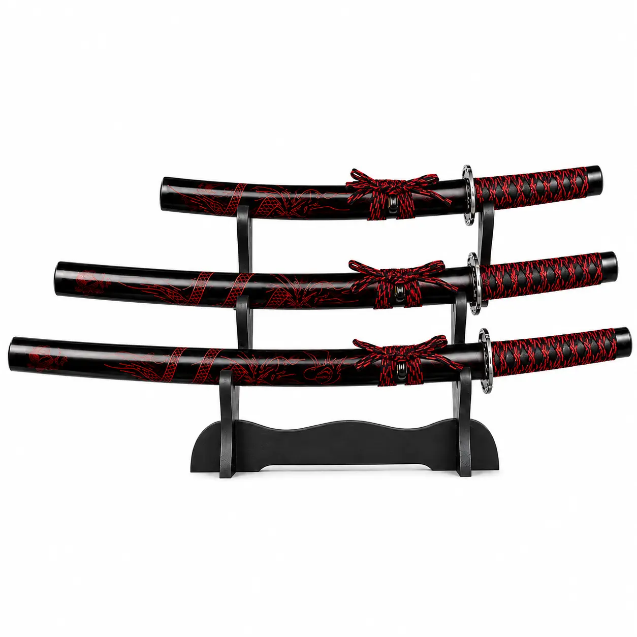 Hand-Forged Dragon Pattern 3-Piece Samurai Sword Set - Non-Sharpened, Red Dragon Pattern Option, Black Display Stand Included - Collectible Home Display Ornament, Adult Holiday Gift Accessory