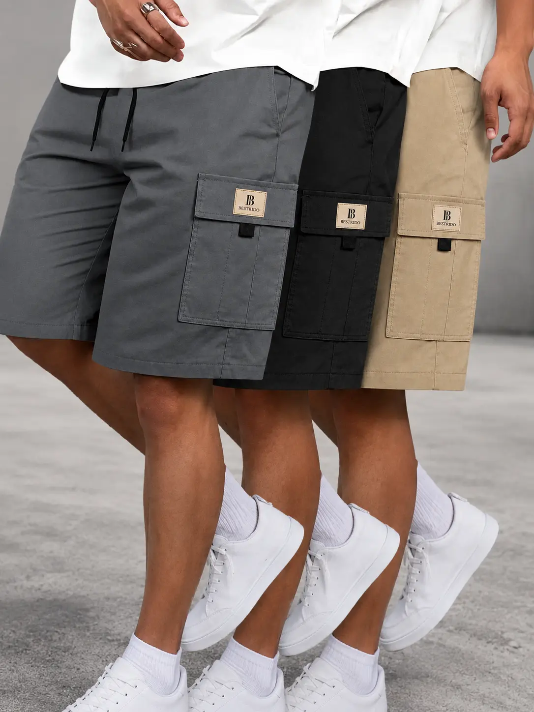 BESTRIDO Men's 3-Pack Cargo Shorts, Elastic Waist Drawstring Summer Work Shorts, Multi Pocket Casual Utility Shorts for Men Beige