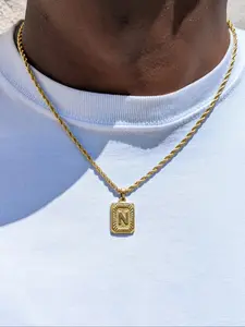 Men's Necklace with Square Pendant and Initial Letter, Stainless Steel Jewelry with Rope Chain, Personalized A-Z Letter Design Gift