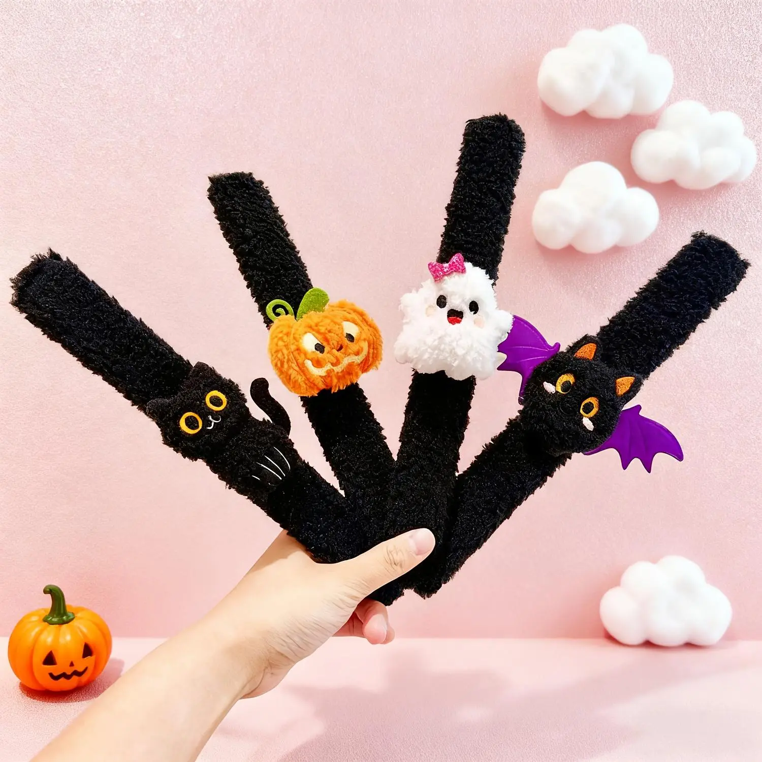 Plush Slap Bracelets, 4-Piece Cute Halloween Set Featuring Animal Faces, Unisex Costume Jewelry and Party Favor, Plush Fabric, Slap Bands, Wrist Wear