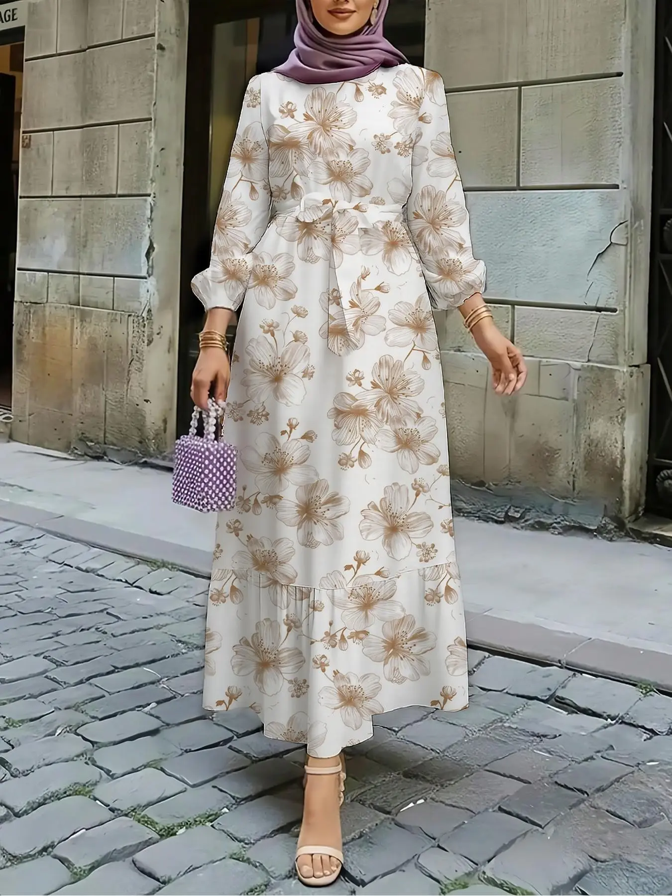 Elegant Women's Floral Print Dress, Elastic Waist Patchwork Hem, European and American Style, New Arrival, Arabic Design, Muslim Dresses, Modest Islamic Clothing, Modesty Muslim Clothing, Muslim Outfits