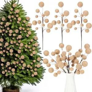 4 Pcs Neutral Rustic Christmas Ball Picks 15.7inch Farmhouse Xmas Tree Topper Burlap Jute Rope Ball Ornaments Boho Christmas Tree Branch for Home DIY Vase Table Holiday Party Decor Gifts