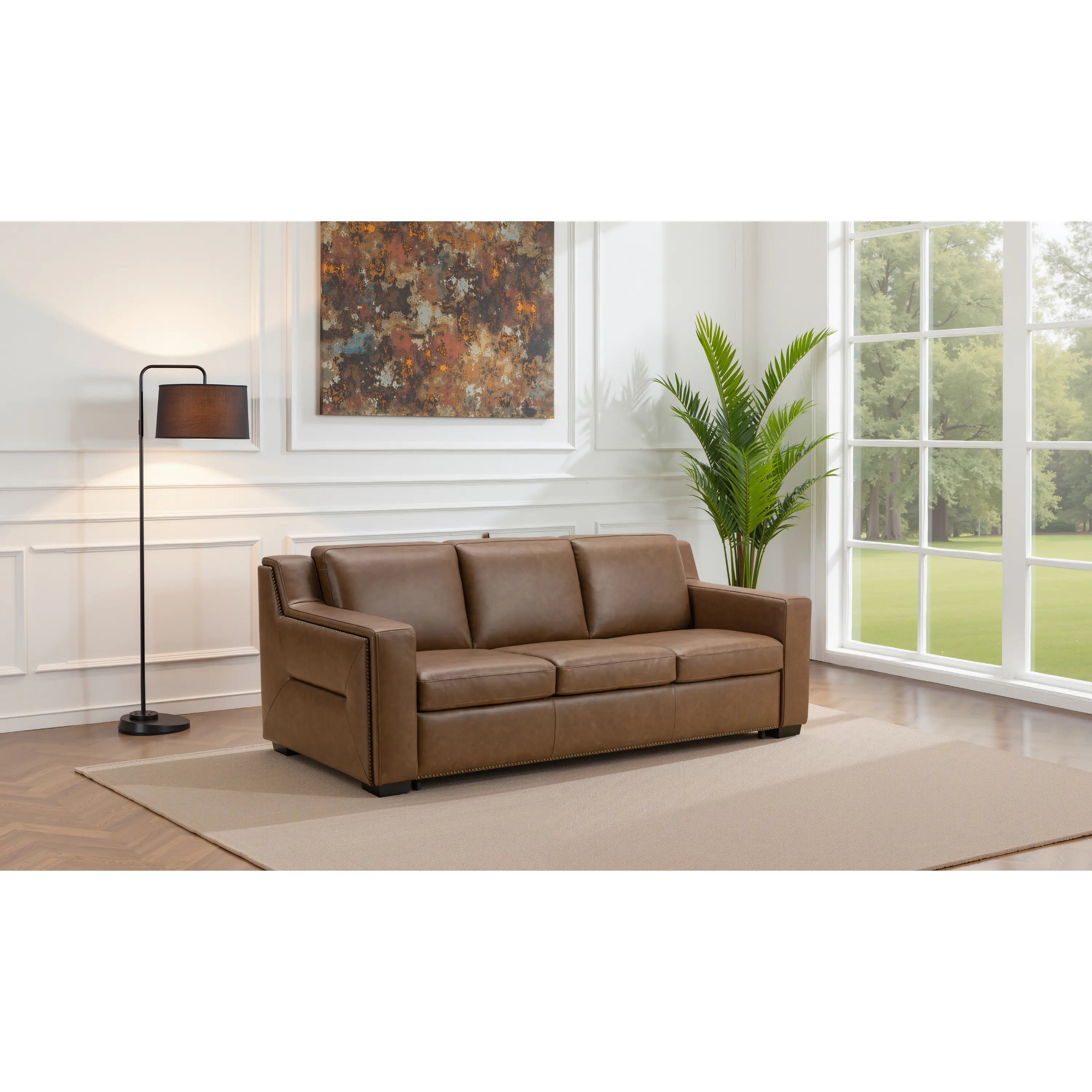 Klaussner Alaves Sturdy Wood Leather Queen Sleeper Sofa - Luxury Overnight Collection, Contemporary Indoor Furniture, Memory Foam Mattress, Easy Open, Built-in Napping Area, Nailhead Detailing, Comfy Couch