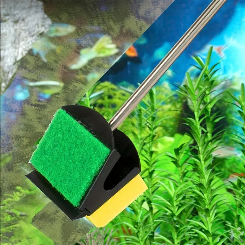 1 piece long-handled multifunctional double-sided aquarium cleaning brush - stainless steel with green and yellow algae washer, ideal for fish tank walls and water Aquarium Maintenance Cleaner Removal