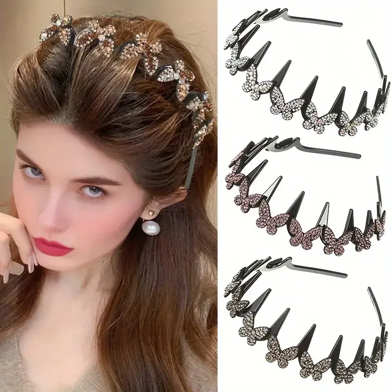 Women's Unisex Elegant Wavy Non-Slip Butterfly Crystal Headband, Lightweight Durable Plastic Hair Accessory, Ideal for Weddings & Everyday Wear, Hair Accessories, Accessories For Women, Headbands For Women