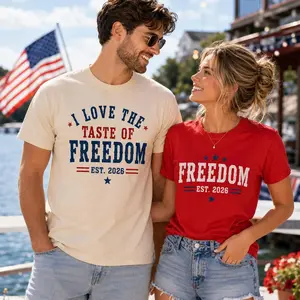 Comfort Colors Freedom Est. 2026 Matching Couple T-Shirts , I Love The Taste Of Freedom Patriotic Graphic Tees , America 250th Anniversary Shirts , 4th Of July Outfits , Gift For Couples