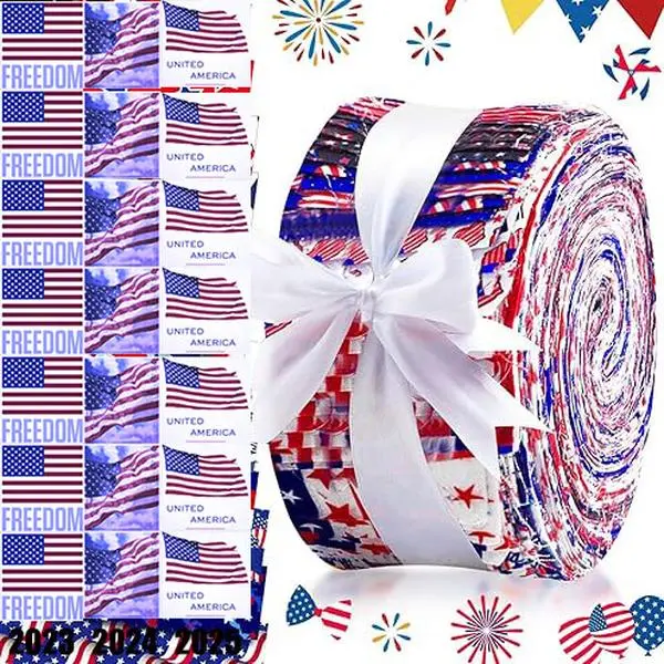 Forever 4th of July Patriotic Quilting Fabric Roll 23 24 25 Roll Series, Red White Blue Star Stripe Precut Strips Independence Day Bundle for Sewing Patchwork DIY Home Party Decor