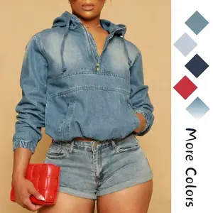 Women's half zipper denim hoodie pullover jacket denim topRAIMENTRY