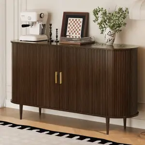 【Deals for You Days】DHH 40"/55" Mid-Century Modern Fluted Sideboard Furniture, Curved Buffet wooden table legs Cabinet with Tambour Sliding Doors, Wood Console TV Stand & Coffee Bar for Kitchen Living Room（Walnut）