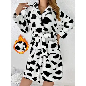 1pcs Cow Spot Print Fuzzy Night Robe, Long Sleeve Robe With Belt & Pockets, Women's Sleepwear