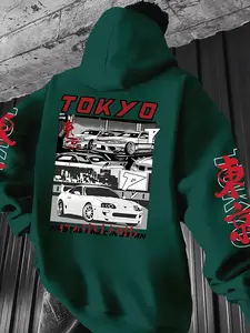 Men's Letter Car Tokyo Print Fleece Knit Hoodie, Casual Loose-Fit Long Sleeve Thick Fabric, Unisex Fall & Winter Hooded Sweatshirt, Stylish and Comfortable