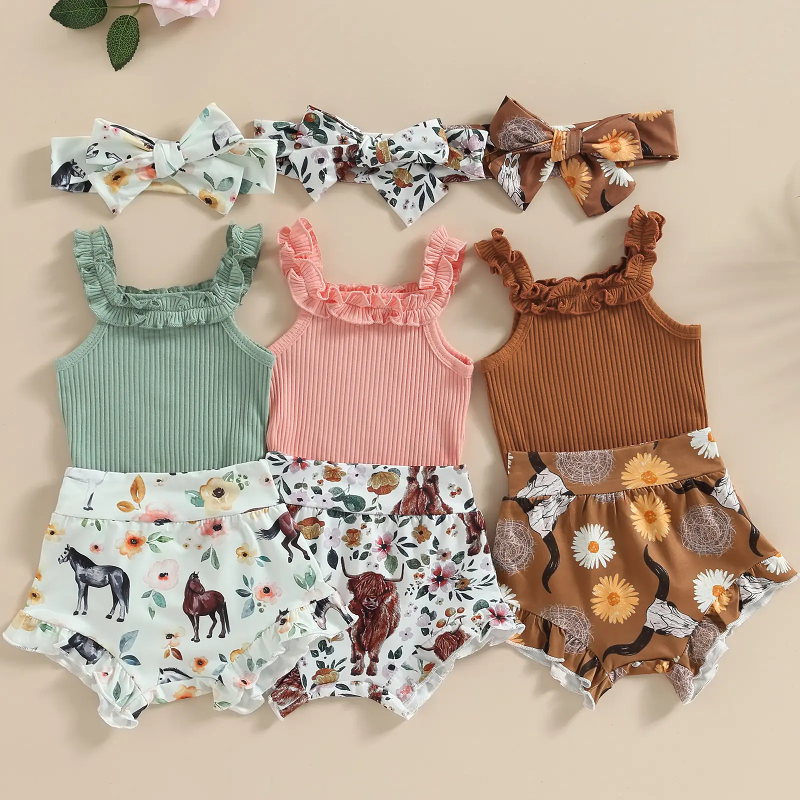Toddler Girl 3-Piece Outfit Set | Ribbed Off-Shoulder Romper Top, Bull Print Shorts & Headband Summer Gift Set