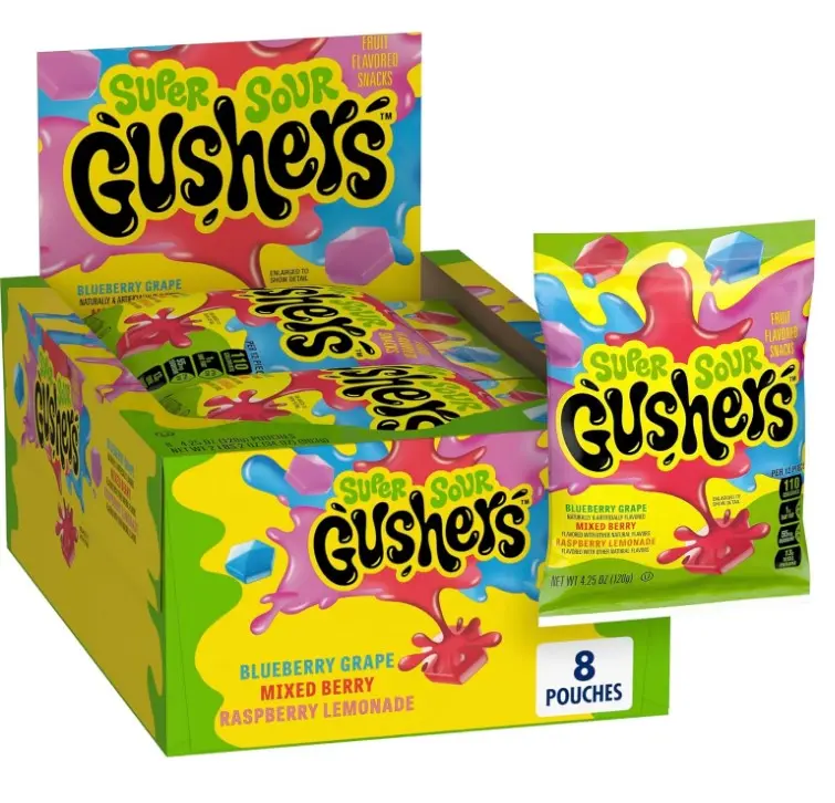 Gushers Fruit Flavored Snacks, Super Sour Berry Flavor, 8 Pouches, 34 oz